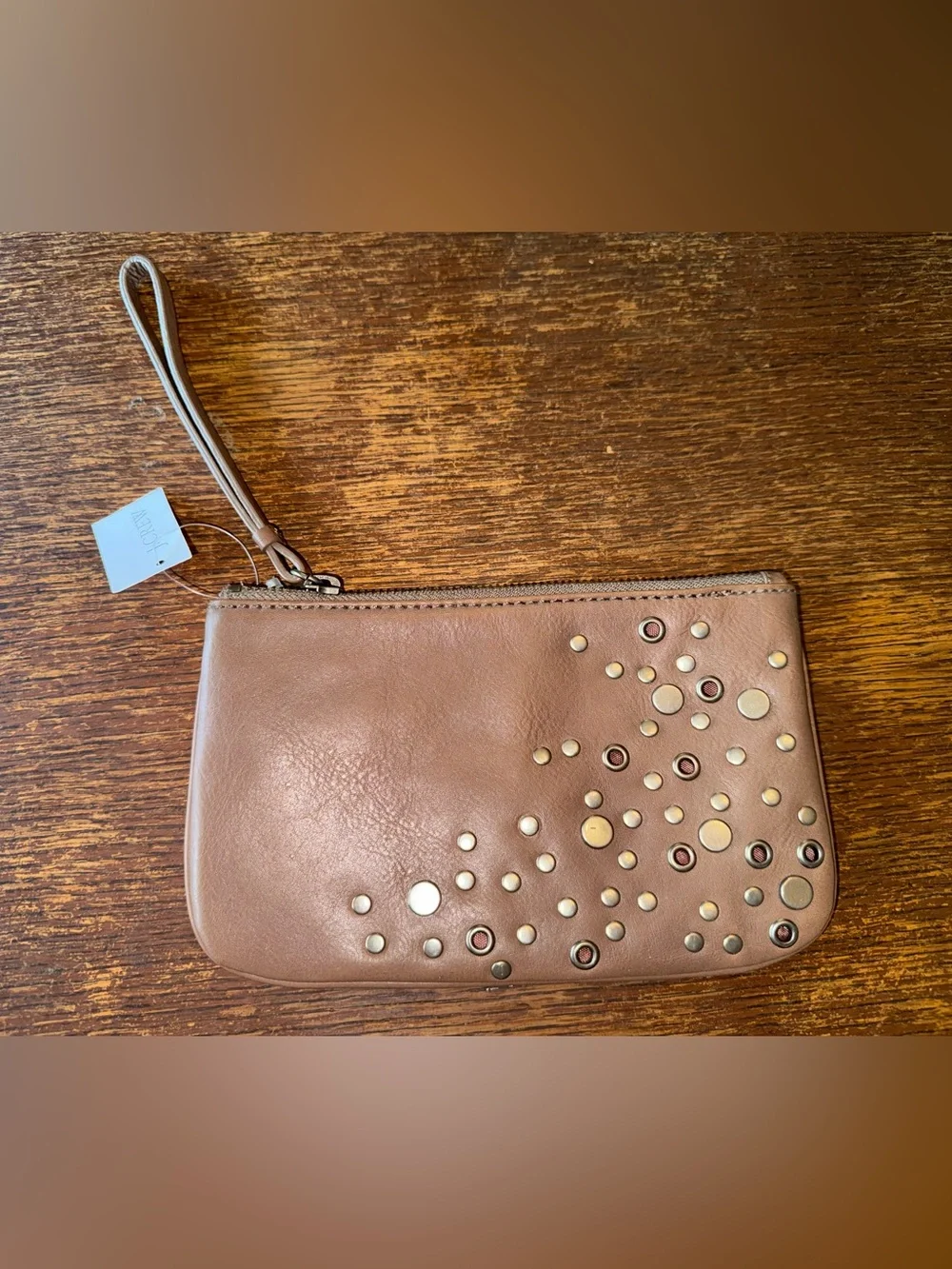 NWT J.Crew Brown Leather Wristlet Metal Studded Hardware Design 7.5”x 3.5.